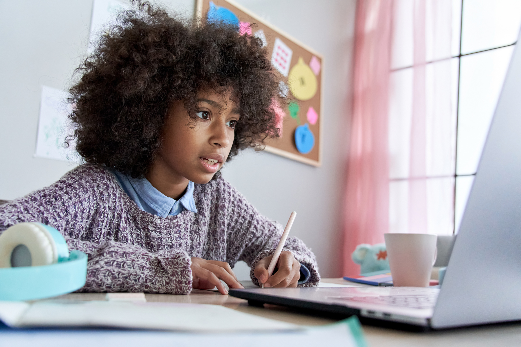 African School Child Girl Virtual Online Learning Watching Class at Home.